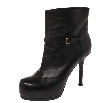 Pre Owned Yves Saint Laurent Black Leather Tribtoo Platform Ankle Boots Size 38