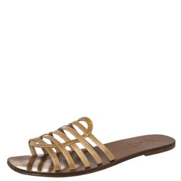 Pre Owned Yves Saint Laurent Beige Textured Patent Leather Strappy Flat Sandals Size 41