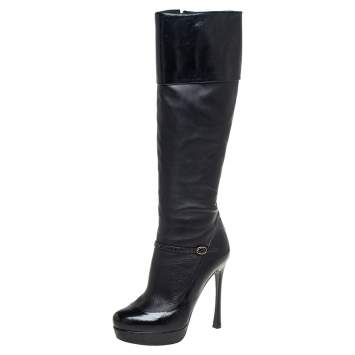 Pre Owned Yves Saint Laurent Black Python And Leather Knee Length Boots Size 39