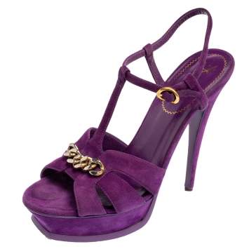 Pre Owned  Yves Saint Laurent Purple Suede Tribute Chain Detail Platform Sandals Size 39