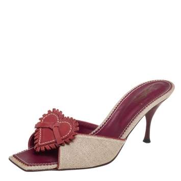 Pre Owned Yves Saint Laurent Vintage Beige/Red Canvas And Leather Love Slide Sandals Size 41