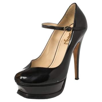 مملوكة مسبقًا Yves Saint Laurent Black Patent Leather Peep Toe Platform Mary Jane Pumps Size 36