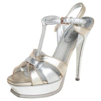 Pre Owned Yves Saint Laurent Silver/Gold Leather Tribute Platform Ankle Strap Sandals Size 39