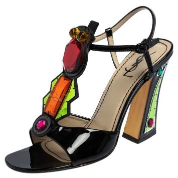 Pre Owned Yves Saint Laurent Multicolor Patent Leather Embellished T Strap Sandals Size 38