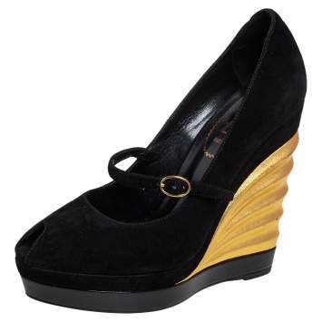 مملوكة مسبقًا Yves Saint Laurent Black Suede Robyn Peep Toe Wedge Pumps Size 36