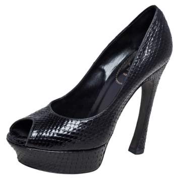Pre Owned Yves Saint Laurent Black Snakeskin Palais Platform Peep Toe Pumps Size 39