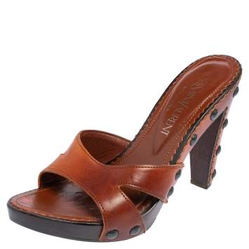 Pre Owned Yves Saint Laurent Brown Leather Criss Cross Platform Clog Sandals Size 37