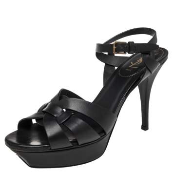 Pre Owned Yves Saint Laurent Black Leather Tribute Sandals Size 40.5