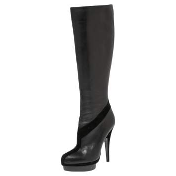 Pre Owned Yves Saint Laurent Black Suede And Leather Platform Knee-High Boots Size 37