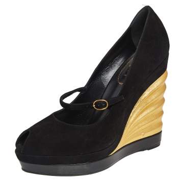 مملوكة مسبقًا Yves Saint Laurent Gold/Black Suede Peep Toe Wedge Platform Pumps Size 39.5