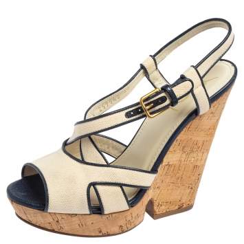 مملوكة مسبقًا Yves Saint Laurent White/Blue Canvas Deauville Cork Wedge Slingback Sandals Size 40 
