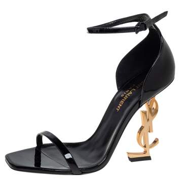 Pre Owned Yves Saint Laurent Black Patent Leather Opyum Gold Heel Sandals Size 36