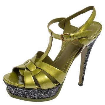 Pre Owned Yves Saint Laurent Apple Green Leather Tribute Platform Sandals Size 39