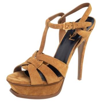 مملوكة مسبقًا Saint Laurent Beige Suede Tribute Platform Sandals Size 37.5