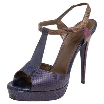 مملوكة مسبقًا Yves Saint Laurent Tricolored Python Embossed Leather T-Strap Platform Sandals Size 39.5