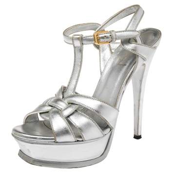 مملوكة مسبقًا Yves Saint Laurent Silver Leather Tribute Platform Sandals Size 37