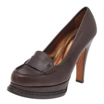 Pre Owned Yves Saint Laurent Brown Leather Tribtoo Penny Loafer Platform Pumps Size 39