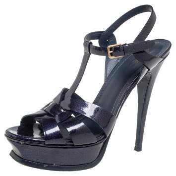 Pre Owned Yves Saint Laurent Navy Blue Textured Patent Leather Tribute Platform Sandals Size 39.5