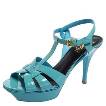Pre Owned Saint Laurent Blue Patent Leather Tribute Platform Sandals Size 39