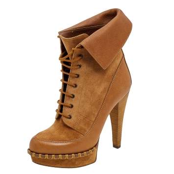 Pre Owned Yves Saint Laurent Brown Suede and Leather Platform Ankle Boots Size 37