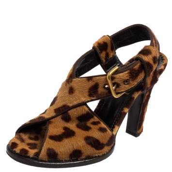 Pre Owned Saint Laurent Brown Leopard Print Calf Hair Slingback Sandals Size 36.5