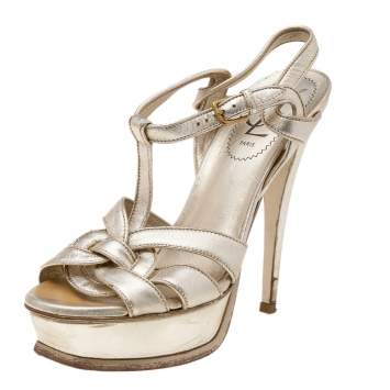 Pre Owned Yves Saint Laurent Gold Leather Tribute Platform Sandals Size 37