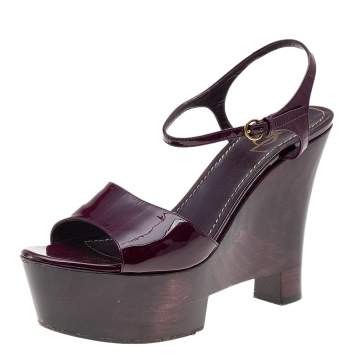 Pre Owned Yves Saint Laurent Purple Patent Leather Ankle Strap Platform Wedge Sandals Size 41