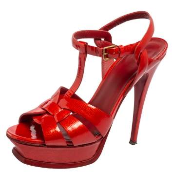 Pre Owned Yves Saint Laurent Red Patent Leather Tribute Platform Sandals Size 38.5