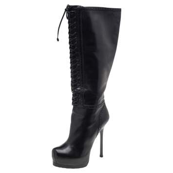 Pre Owned Yves Saint Laurent Black Leather Tribtoo Platform Knee Length Boots Size 41.5