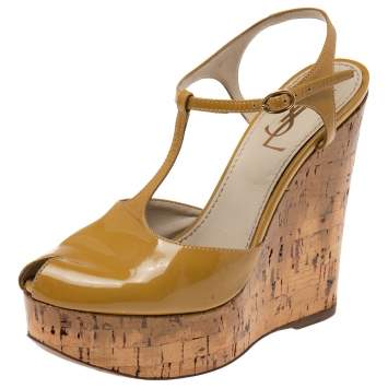 Pre Owned Yves Saint Laurent Brown Patent Leather Cork Wedge Sandals Size 35