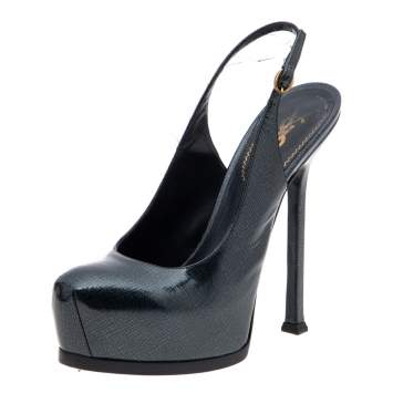 Pre Owned Yves Saint Laurent Blue Textured Patent Leather Tribtoo Slingback Platform Sandals Size 37