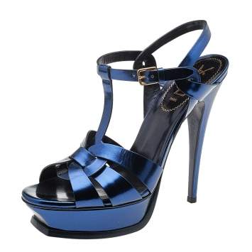 Pre Owned Yves Saint Laurent Metallic Navy Patent Leather Tribute Platform Ankle Strap Sandals Size 40