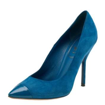 Pre Owned Yves Saint Laurent Blue Suede And Patent Leather Pointed Toe Pumps Size 39.5