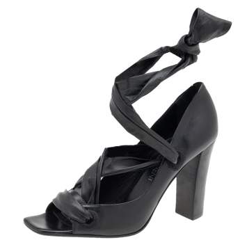 Pre Owned Yves Saint Laurent Black Leather Open Toe  Ankle Wrap Pumps Size 37.5