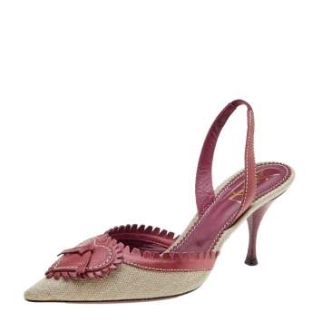 Pre Owned Yves Saint Laurent Burgundy/Beige Leather and Canvas Heart Slingback Sandals Size 40
