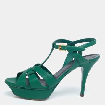 Pre Owned Yves Saint Laurent Green Leather Tribute Platform Sandals Size 38.5