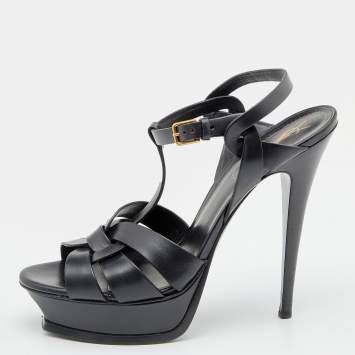 Pre Owned Yves Saint Laurent Black Leather Tribute Platform Sandals Size 41