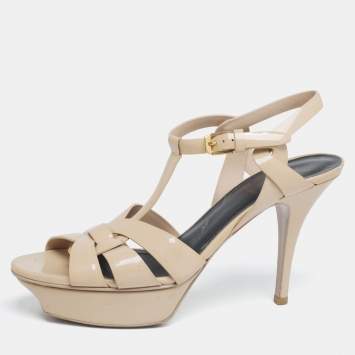 Pre Owned Saint Laurent Cream Patent Leather Tribute Platform Sandals Size 39