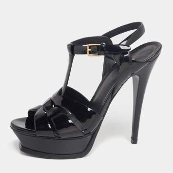 Pre Owned Yves Saint Laurent Black Patent Leather Tribute Ankle Strap Platform Sandals Size 37.5