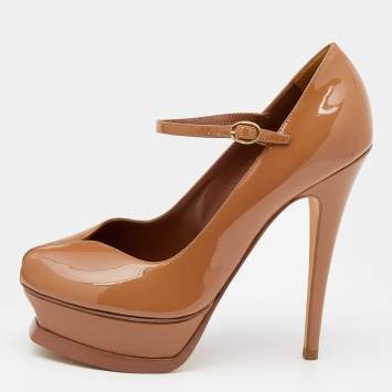 Pre Owned Yves Saint Laurent Brown Patent Leather Peep Toe Platform Mary Jane Pumps Size 36.5