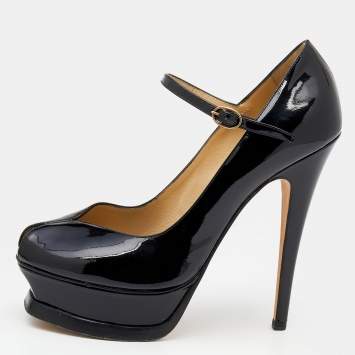 Pre Owned Yves Saint Laurent Black Patent Leather Peep Toe Platform Mary Jane Pumps Size 36.5