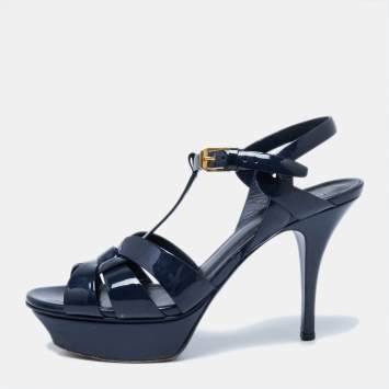 مملوكة مسبقًا Yves Saint Laurent  Navy Blue Patent Tribute Platform Sandals Size 37