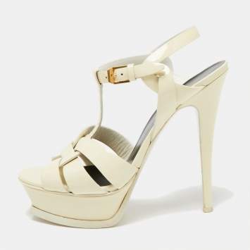 Pre Owned Yves Saint Laurent Cream Patent Leather Tribute Sandals Size 36.5