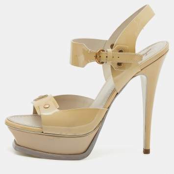 مملوكة مسبقًا Yves Saint Laurent Cream Patent Leather Platform Ankle Strap Sandals Size 38