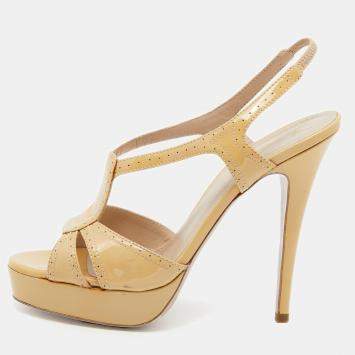 Pre Owned Yves Saint Laurent Beige Patent Leather Strappy Platform Slingback Sandals 38