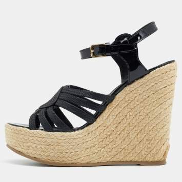 Pre Owned Yves Saint Laurent Black Patent and Woven Leather Agadir Wedge Espadrilles Sandals Size 40