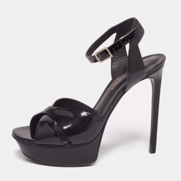مملوكة مسبقًا Yves Saint Laurent Black  Patent Leather Platform Ankle Strap Sandals Size 39