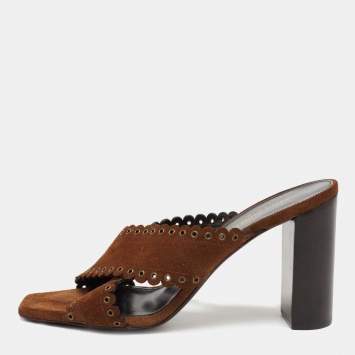 Pre Owned Saint Laurent Brown Suede LouLou Criss Cross Block Heel Slide Sandals Size 39.5