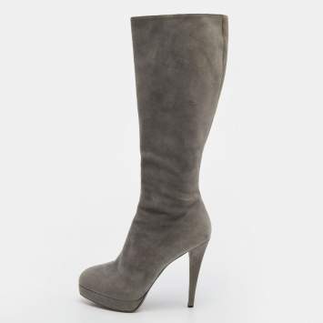 Pre Owned Yves Saint Laurent Grey Suede Knee Length Heel Boots Size 36