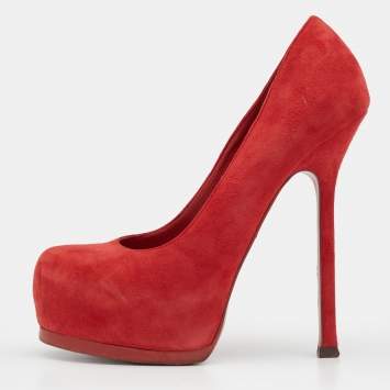 Pre Owned Yves Saint Laurent Red Suede Tribtoo Platform Pumps Size 35.5